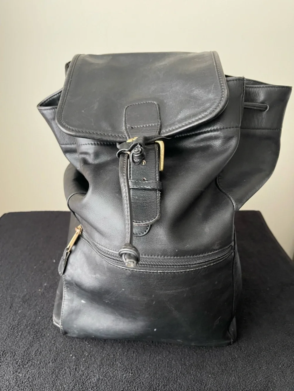Coach Black Leather Drawstring Backpack with Front Zip Pocket